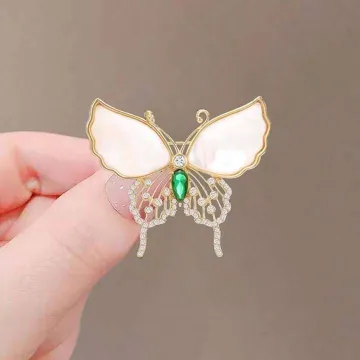 Elegant White Green Stone Butterfly Brooch